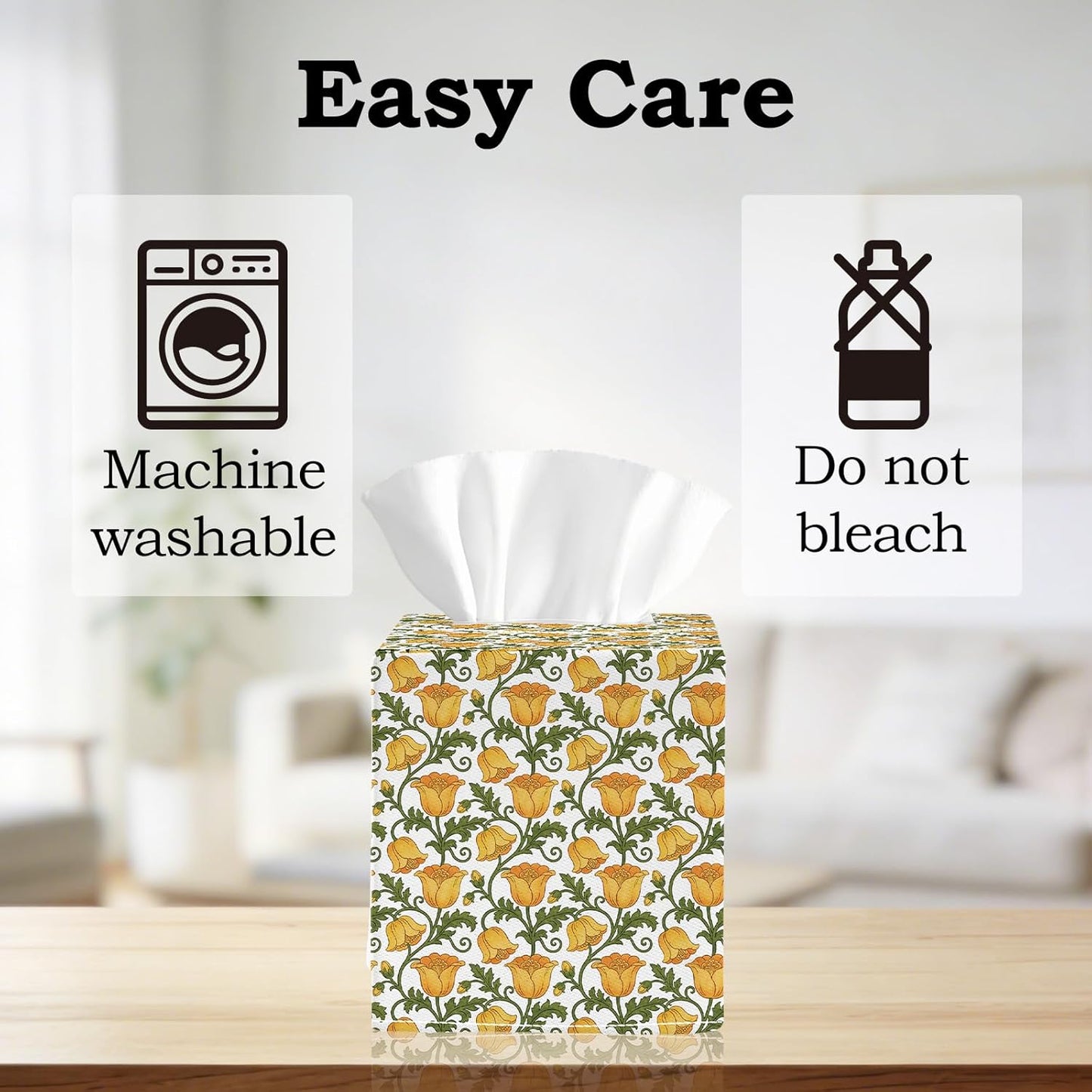 2pc Yellow Fabric Tissue Box Cover Square, Floral Print Cotton Tissue Box Holder Decorative, Farmhouse Napkin Holder for Home Bedroom Living Room Bathroom Countertop Car Office Kitchen