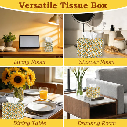 2pc Yellow Fabric Tissue Box Cover Square, Floral Print Cotton Tissue Box Holder Decorative, Farmhouse Napkin Holder for Home Bedroom Living Room Bathroom Countertop Car Office Kitchen