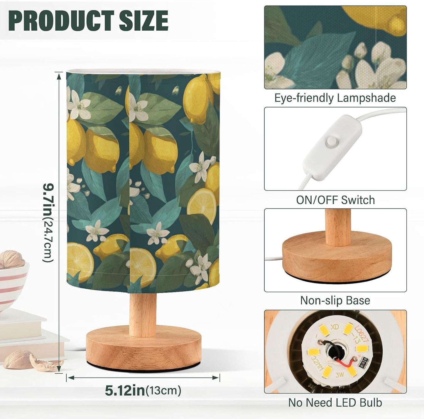 Bedside Table Lamp Lemon Yellow Citrus Fruits (96) Kids Nightstand Lamp Night Light Fabric Shade for Bedroom Living Room Home Office