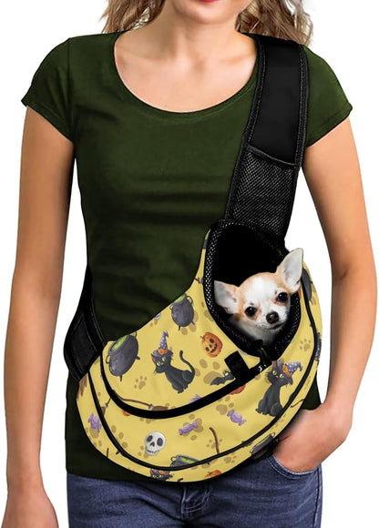 Yellow Halloween Cat Carrier Bag for Walking Breathable Mesh Dog Carrier Sling for Small Dogs Adjustable Strap Padded Shoulder Sling Travel Tote Bag