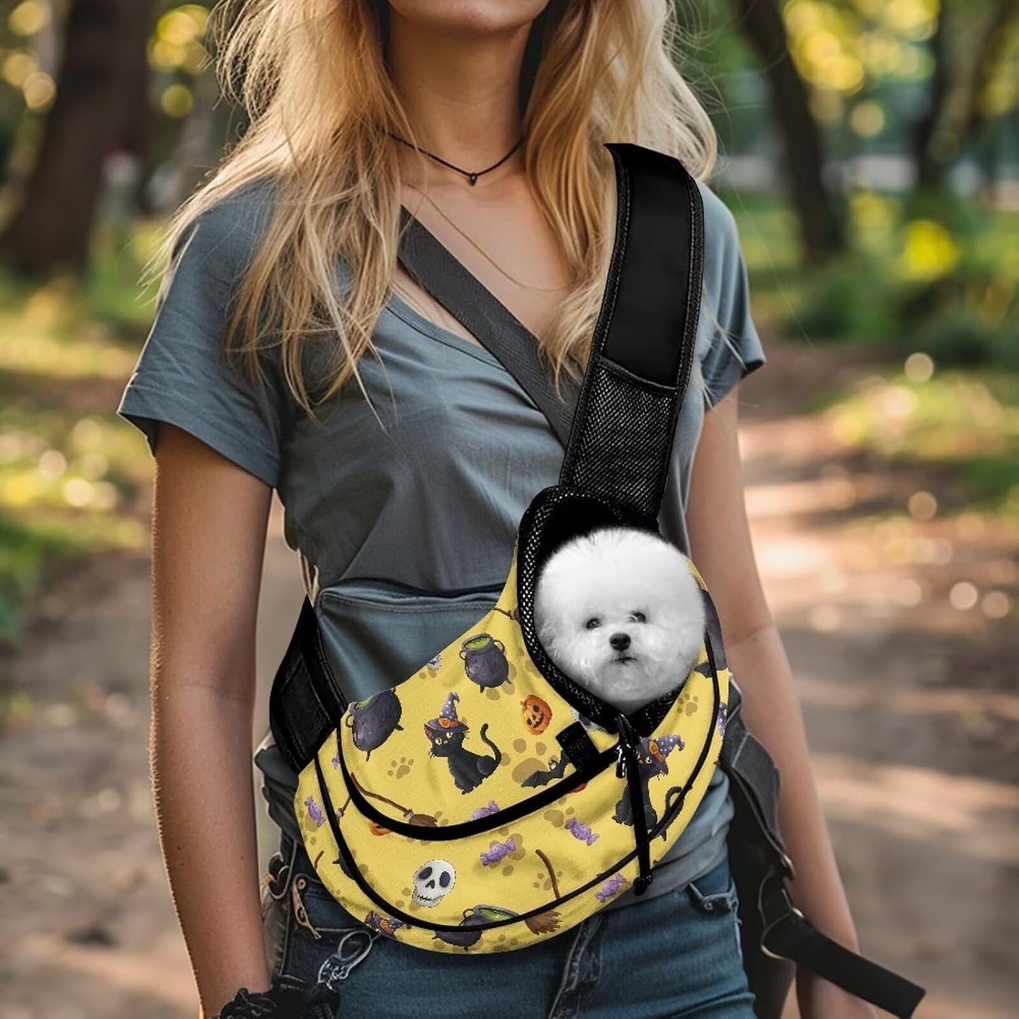 Yellow Halloween Cat Carrier Bag for Walking Breathable Mesh Dog Carrier Sling for Small Dogs Adjustable Strap Padded Shoulder Sling Travel Tote Bag