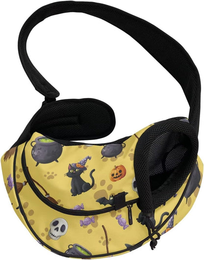 Yellow Halloween Cat Carrier Bag for Walking Breathable Mesh Dog Carrier Sling for Small Dogs Adjustable Strap Padded Shoulder Sling Travel Tote Bag