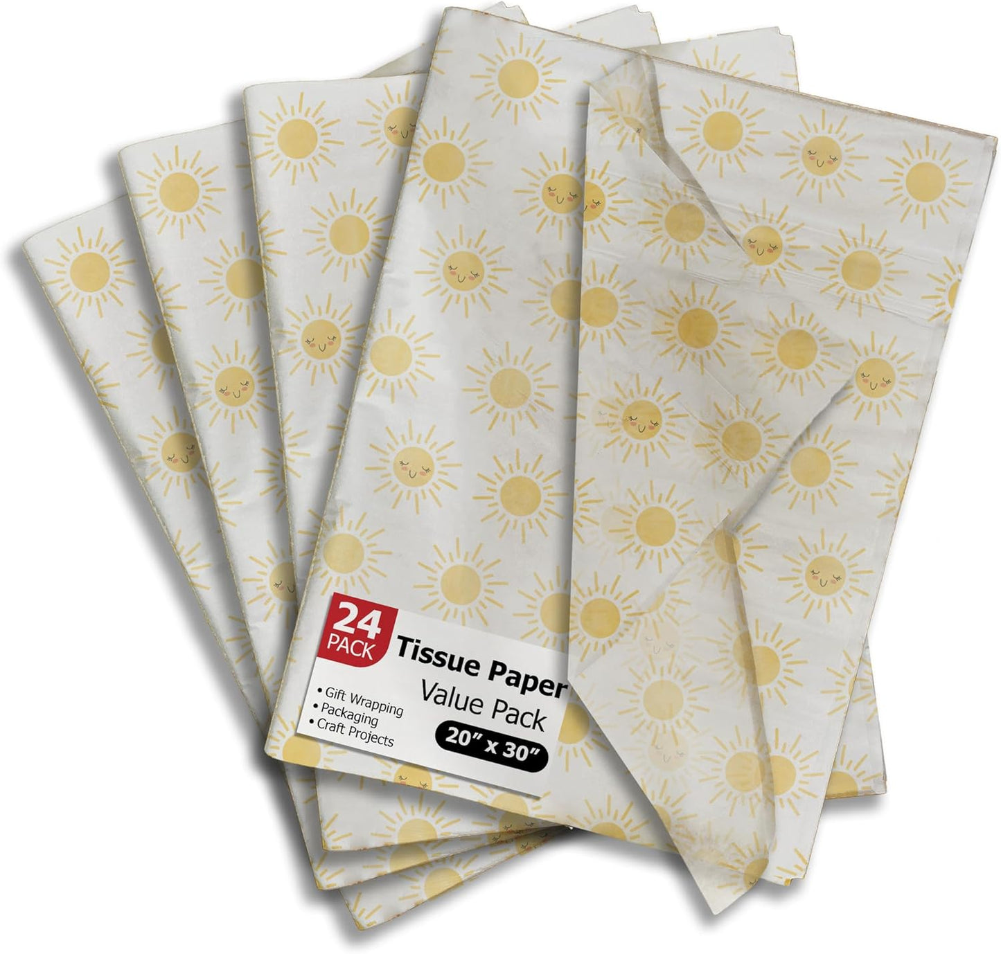 Suns Printed Tissue Paper for Gift Bags or Boxes and Wrapping - Summer Sunshine Bulk Decorative Art Tissue Paper for Packaging and Gifting | 24 Sheets 20" x 30"