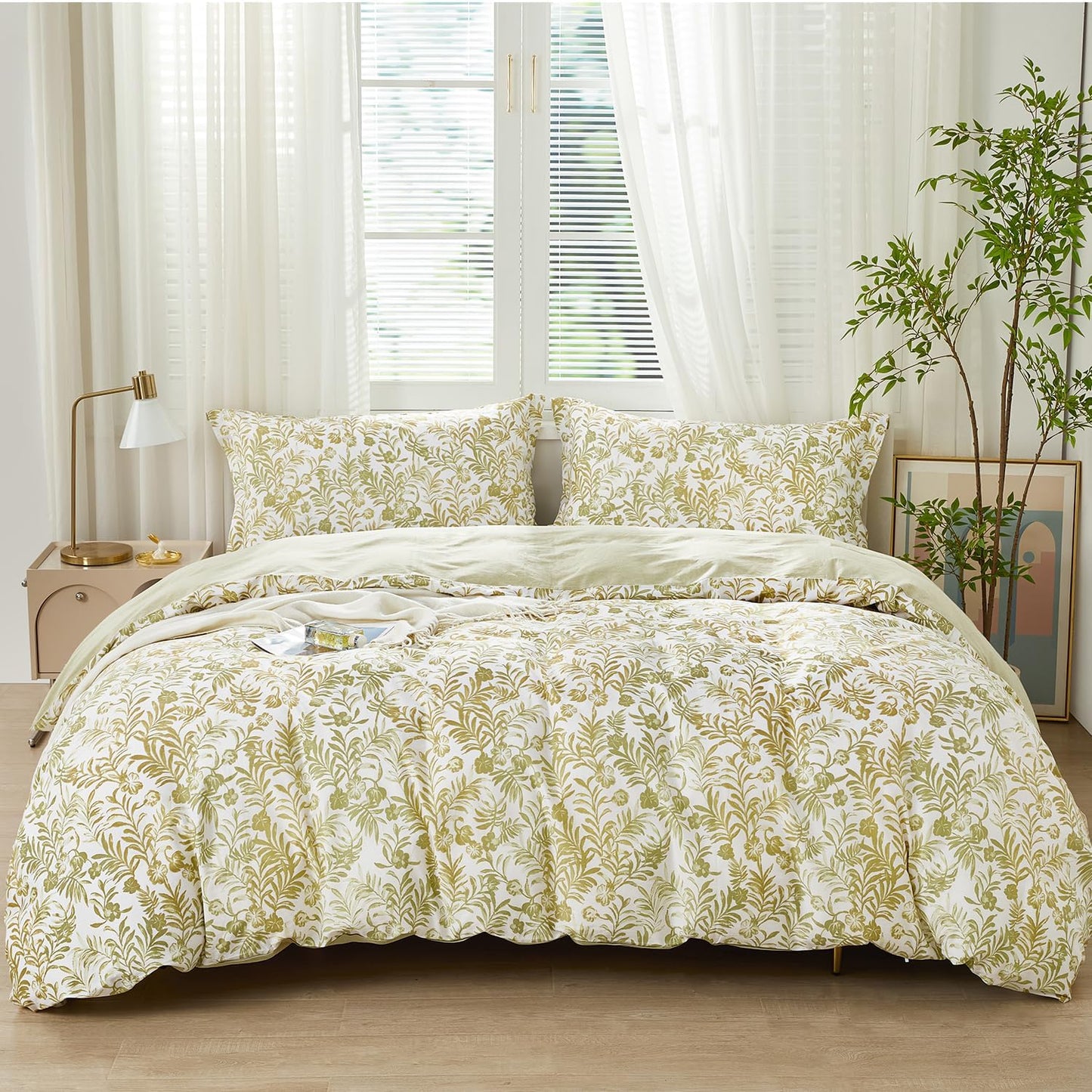 Full Size Yellow Leaves Pattern Duvet Cover Set 3pcs 100% Cotton Soft Leaf Bedding Comforter Cover Set 1 Duvet Cover 2 Pillow Shams, Comforter Not Included