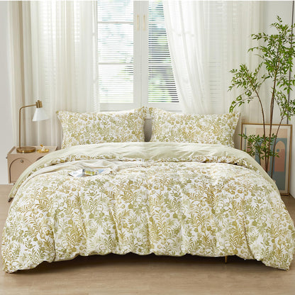Full Size Yellow Leaves Pattern Duvet Cover Set 3pcs 100% Cotton Soft Leaf Bedding Comforter Cover Set 1 Duvet Cover 2 Pillow Shams, Comforter Not Included