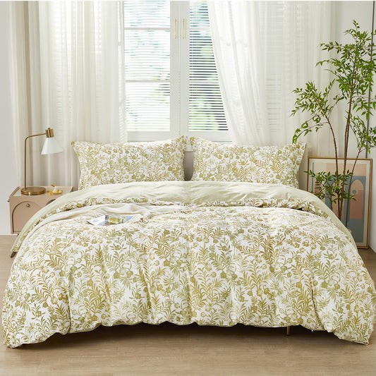 Full Size Yellow Leaves Pattern Duvet Cover Set 3pcs 100% Cotton Soft Leaf Bedding Comforter Cover Set 1 Duvet Cover 2 Pillow Shams, Comforter Not Included