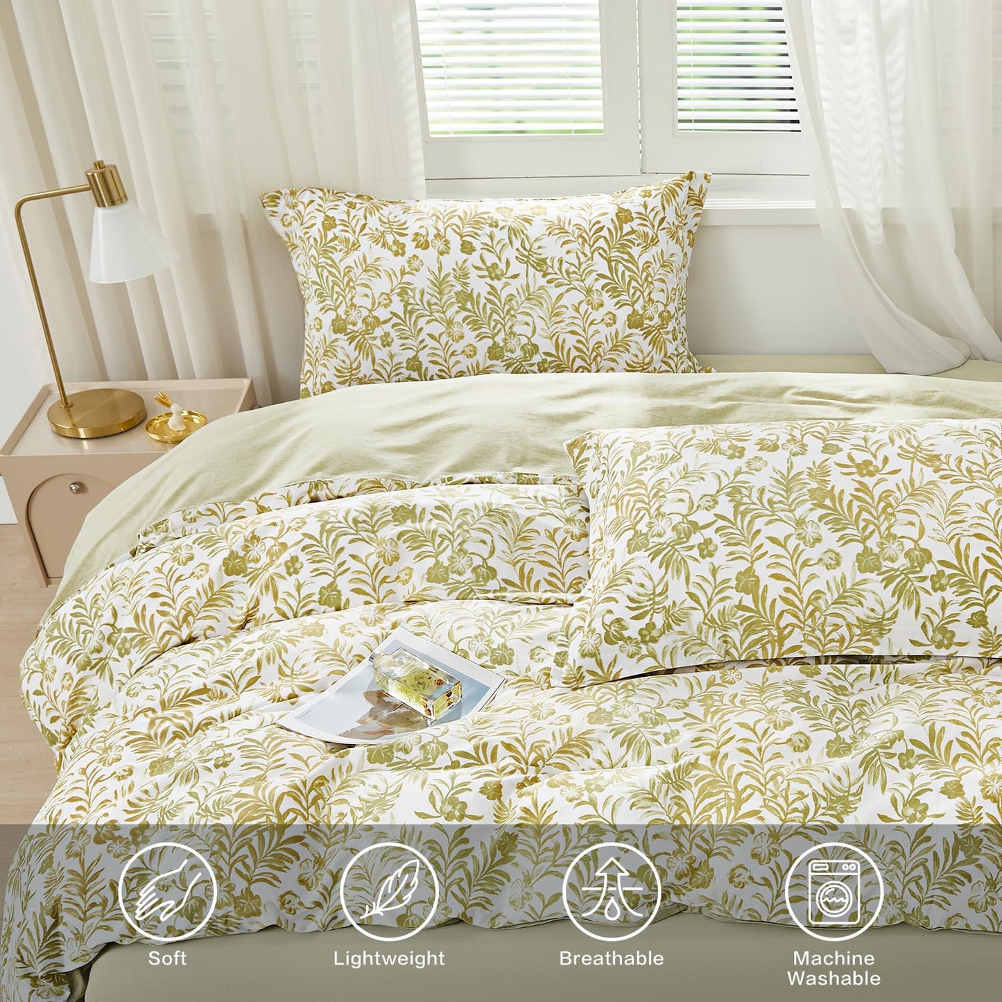 Full Size Yellow Leaves Pattern Duvet Cover Set 3pcs 100% Cotton Soft Leaf Bedding Comforter Cover Set 1 Duvet Cover 2 Pillow Shams, Comforter Not Included