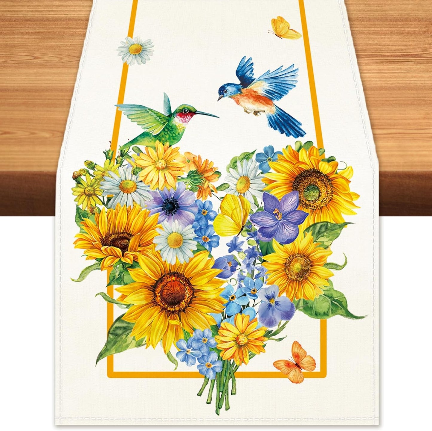 Summer Sunflowers Daisies Table Runner Birds Burlap Table Runners, Spring Floral Lemons Holiday Seasonal Coffee Table Center Decor for Home Kitchen Dining Party Indoor Outdoor 13x108 Inch