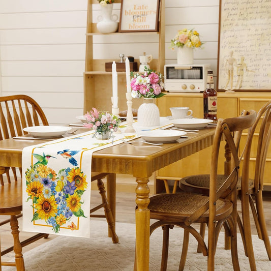 Summer Sunflowers Daisies Table Runner Birds Burlap Table Runners, Spring Floral Lemons Holiday Seasonal Coffee Table Center Decor for Home Kitchen Dining Party Indoor Outdoor 13x108 Inch