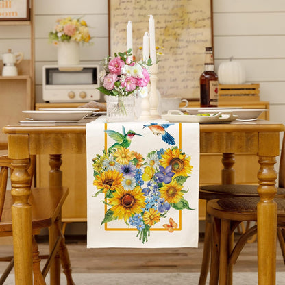 Summer Sunflowers Daisies Table Runner Birds Burlap Table Runners, Spring Floral Lemons Holiday Seasonal Coffee Table Center Decor for Home Kitchen Dining Party Indoor Outdoor 13x108 Inch