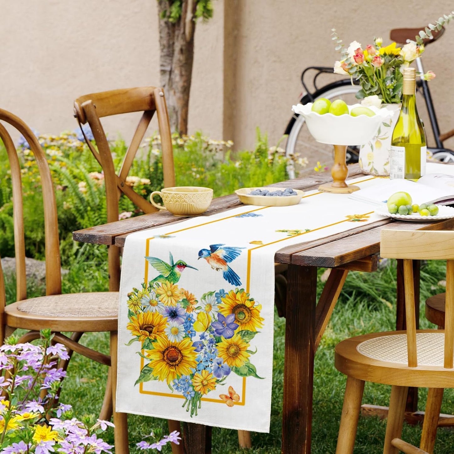 Summer Sunflowers Daisies Table Runner Birds Burlap Table Runners, Spring Floral Lemons Holiday Seasonal Coffee Table Center Decor for Home Kitchen Dining Party Indoor Outdoor 13x108 Inch