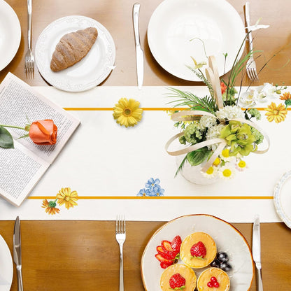 Summer Sunflowers Daisies Table Runner Birds Burlap Table Runners, Spring Floral Lemons Holiday Seasonal Coffee Table Center Decor for Home Kitchen Dining Party Indoor Outdoor 13x108 Inch