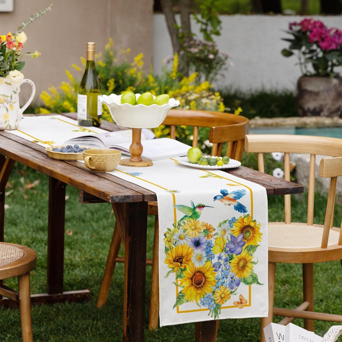 Summer Sunflowers Daisies Table Runner Birds Burlap Table Runners, Spring Floral Lemons Holiday Seasonal Coffee Table Center Decor for Home Kitchen Dining Party Indoor Outdoor 13x108 Inch