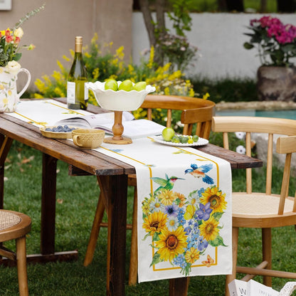 Summer Sunflowers Daisies Table Runner Birds Burlap Table Runners, Spring Floral Lemons Holiday Seasonal Coffee Table Center Decor for Home Kitchen Dining Party Indoor Outdoor 13x108 Inch