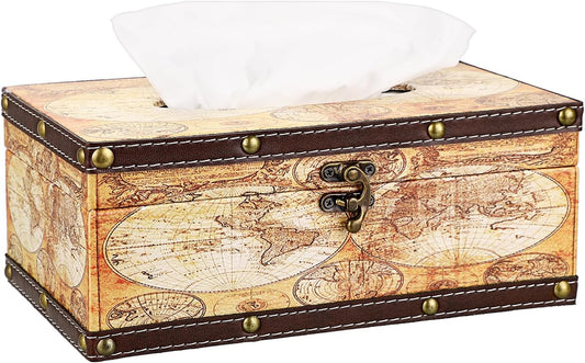 Tissue Box Cover Rectangle Wooden Tissue Box with Lid, Vintage Tissue Box Holder with Retro Pattern, Rustic Tissue Cover for Bathroom Toilet Living Room Table Desk Office Decor, Yellow Map