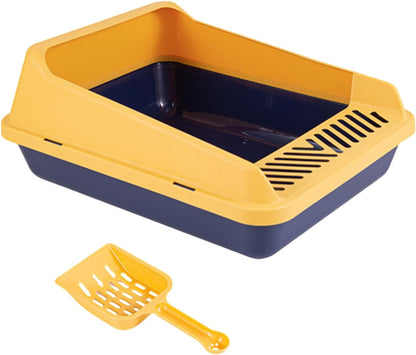 High Sided Cat Litter Box Open Top Pet Litter Tray High Sided Splashproof Pet Litter Trays with High Sides Cat Toilet Sandbox, S Blue Yellow