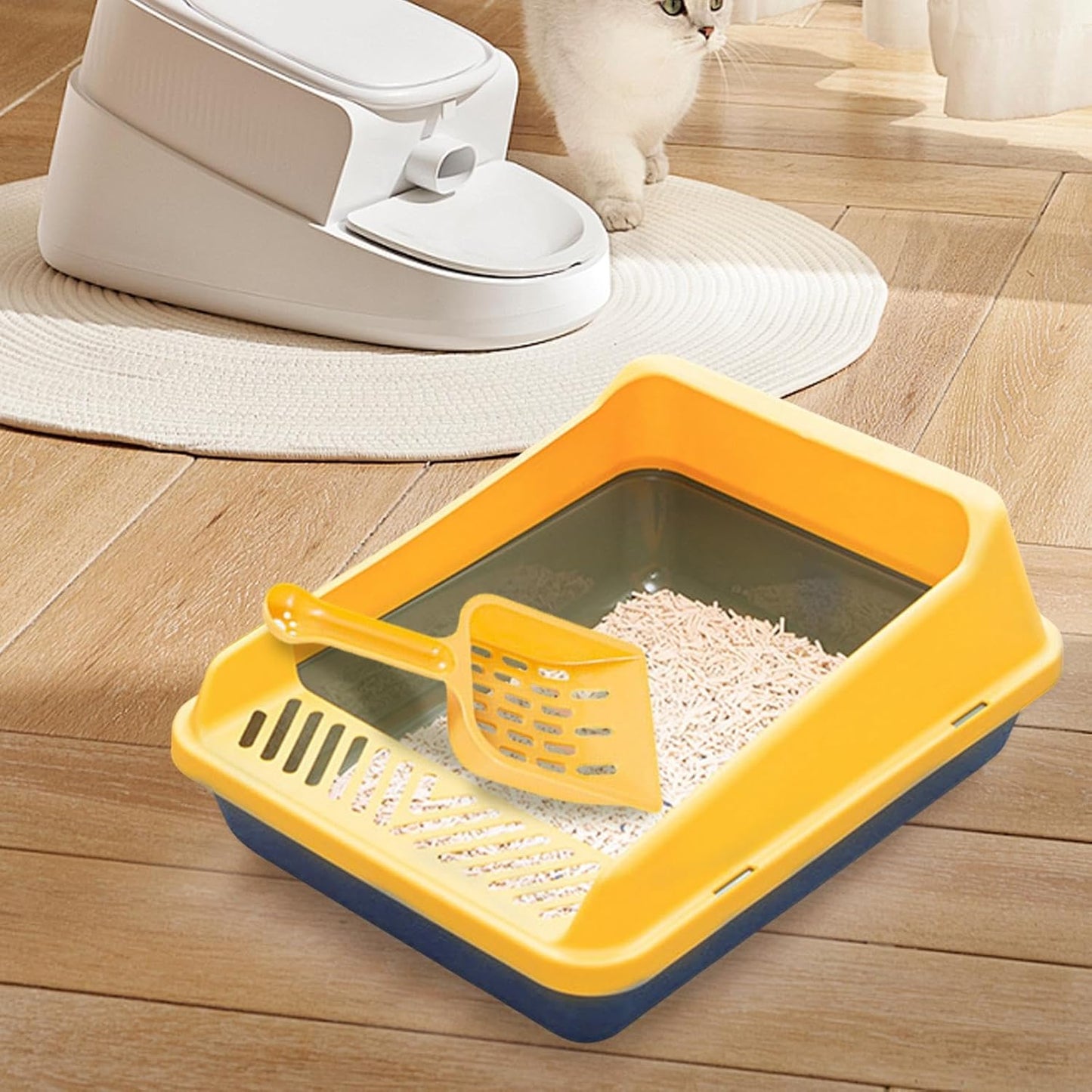 High Sided Cat Litter Box Open Top Pet Litter Tray High Sided Splashproof Pet Litter Trays with High Sides Cat Toilet Sandbox, S Blue Yellow