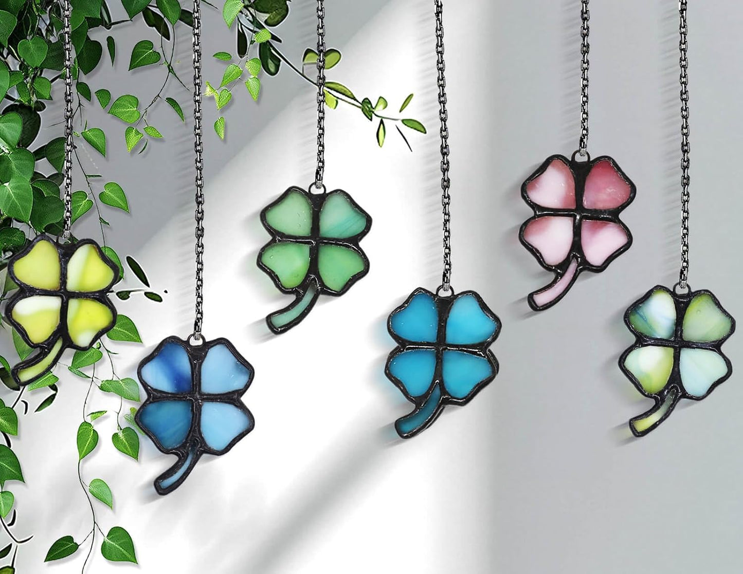 Precut Stained Glass Mosaic Tiles for 12 Four-Leaf Clovers, Yellow | 48 Opal Heart-Shaped Pieces & 12 Stems for DIY Crafts, Floral Art, Garden Art & Home Decor