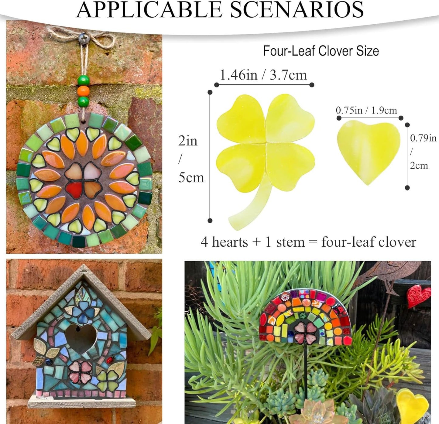 Precut Stained Glass Mosaic Tiles for 12 Four-Leaf Clovers, Yellow | 48 Opal Heart-Shaped Pieces & 12 Stems for DIY Crafts, Floral Art, Garden Art & Home Decor