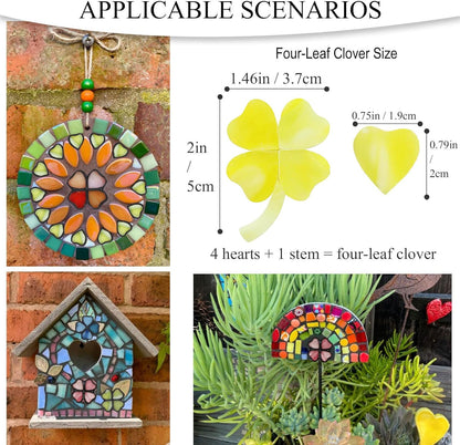 Precut Stained Glass Mosaic Tiles for 12 Four-Leaf Clovers, Yellow | 48 Opal Heart-Shaped Pieces & 12 Stems for DIY Crafts, Floral Art, Garden Art & Home Decor
