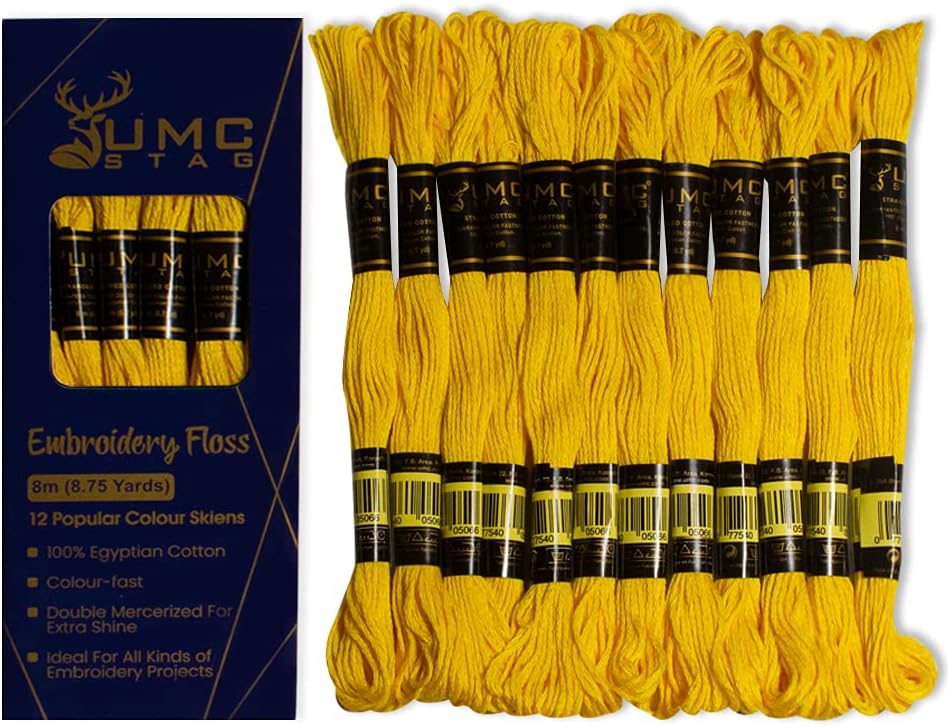 Pack of 12 Premium Embroidery Thread | 100% Egyptian Cotton Premium Skeins | Cross Stitch Embroidery Floss | Oeko TEX Certified Stranded Cotton | (Canary Yellow 298)