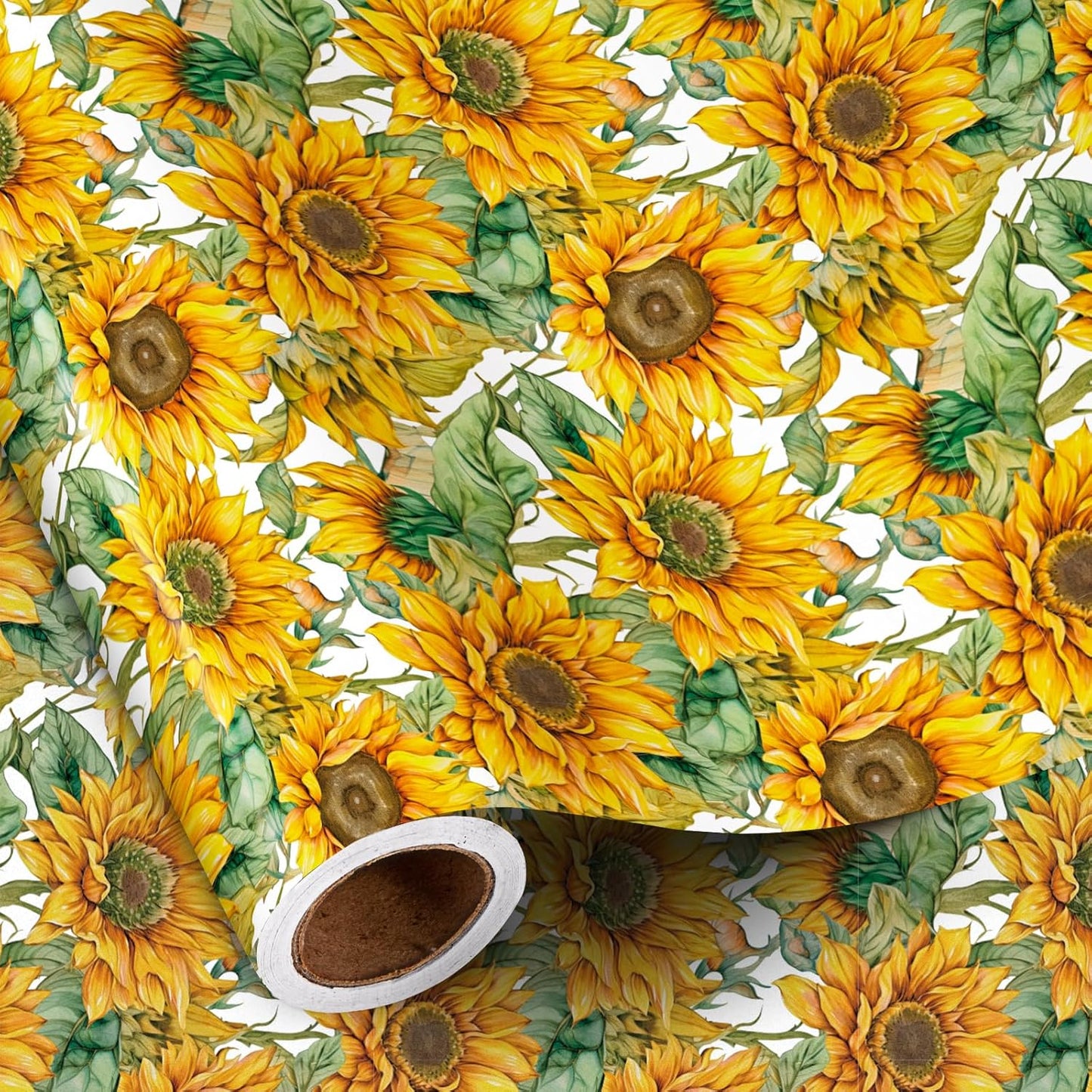 Sunflower Wrapping Paper Roll for Women Girls, Mini Roll, Bright Yellow Sunflower Floral Design with Green Leaves, Cheerful Gift Wrap for Birthday, Wedding, Mother's Day, 17 Inches x 16.4 Feet