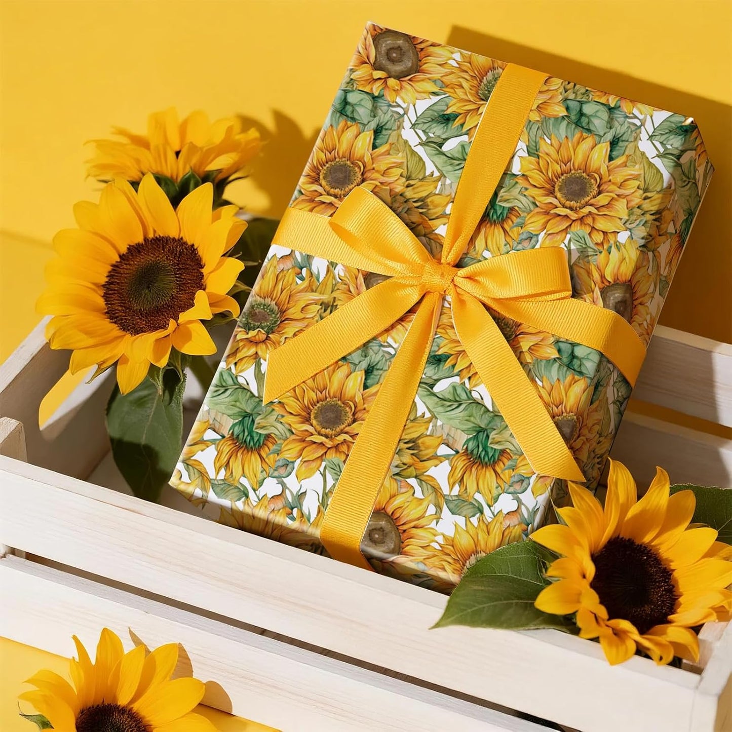 Sunflower Wrapping Paper Roll for Women Girls, Mini Roll, Bright Yellow Sunflower Floral Design with Green Leaves, Cheerful Gift Wrap for Birthday, Wedding, Mother's Day, 17 Inches x 16.4 Feet
