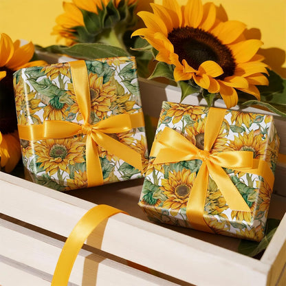 Sunflower Wrapping Paper Roll for Women Girls, Mini Roll, Bright Yellow Sunflower Floral Design with Green Leaves, Cheerful Gift Wrap for Birthday, Wedding, Mother's Day, 17 Inches x 16.4 Feet