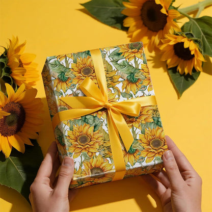 Sunflower Wrapping Paper Roll for Women Girls, Mini Roll, Bright Yellow Sunflower Floral Design with Green Leaves, Cheerful Gift Wrap for Birthday, Wedding, Mother's Day, 17 Inches x 16.4 Feet