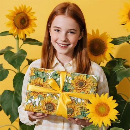 Sunflower Wrapping Paper Roll for Women Girls, Mini Roll, Bright Yellow Sunflower Floral Design with Green Leaves, Cheerful Gift Wrap for Birthday, Wedding, Mother's Day, 17 Inches x 16.4 Feet
