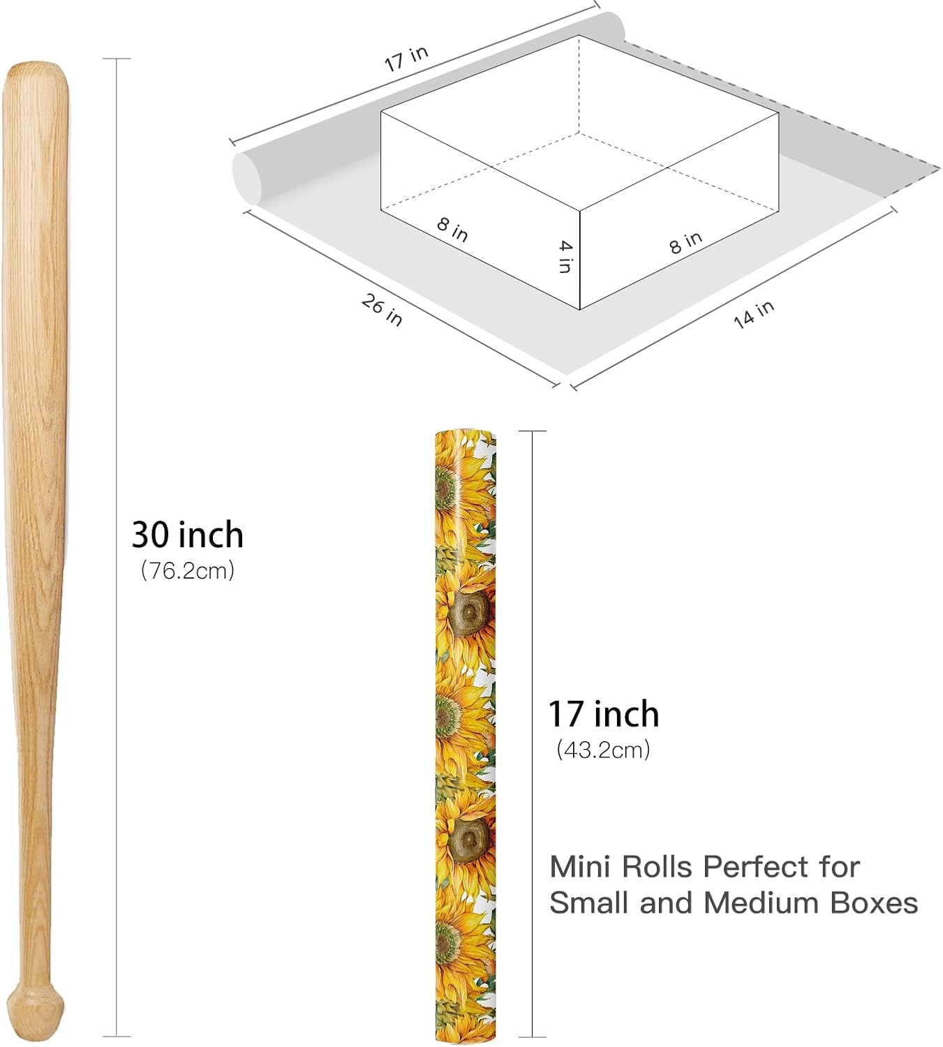Sunflower Wrapping Paper Roll for Women Girls, Mini Roll, Bright Yellow Sunflower Floral Design with Green Leaves, Cheerful Gift Wrap for Birthday, Wedding, Mother's Day, 17 Inches x 16.4 Feet