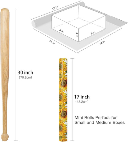 Sunflower Wrapping Paper Roll for Women Girls, Mini Roll, Bright Yellow Sunflower Floral Design with Green Leaves, Cheerful Gift Wrap for Birthday, Wedding, Mother's Day, 17 Inches x 16.4 Feet