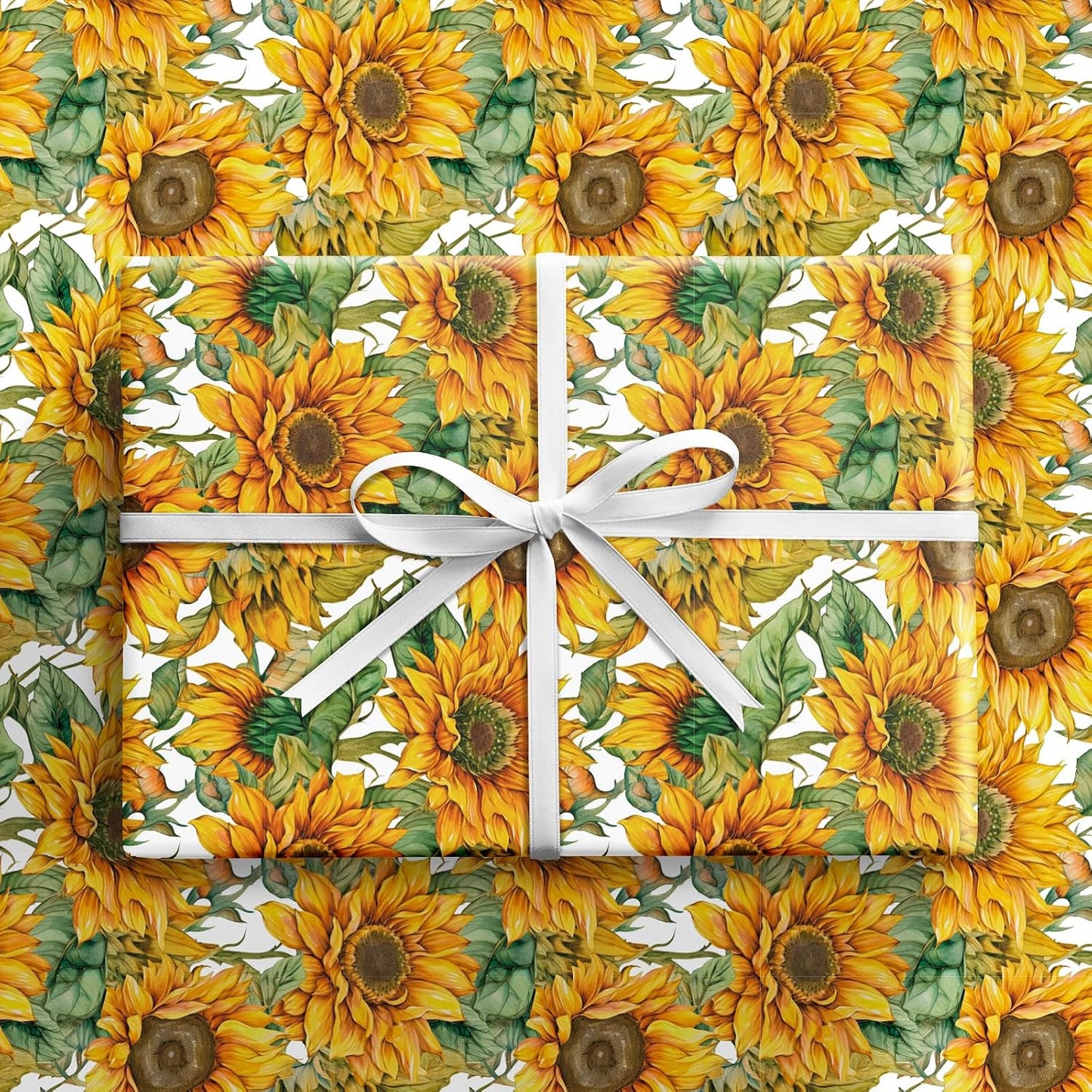 Sunflower Wrapping Paper Roll for Women Girls, Mini Roll, Bright Yellow Sunflower Floral Design with Green Leaves, Cheerful Gift Wrap for Birthday, Wedding, Mother's Day, 17 Inches x 16.4 Feet