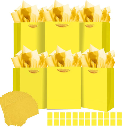 24pcs Bright Yellow Gift Bags with Tissue Paper for Wedding, Birthday, Party Supplies-7.9"x4.3"x9.6" Medium Size Cardboard Gift Bags（24pcs Bags +48pcs Tissue Paper ）