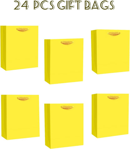 24pcs Bright Yellow Gift Bags with Tissue Paper for Wedding, Birthday, Party Supplies-7.9"x4.3"x9.6" Medium Size Cardboard Gift Bags（24pcs Bags +48pcs Tissue Paper ）