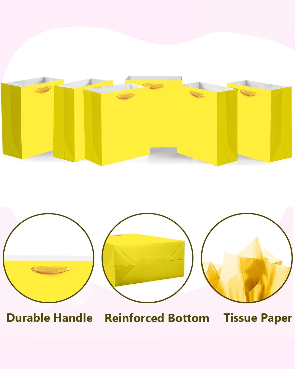 24pcs Bright Yellow Gift Bags with Tissue Paper for Wedding, Birthday, Party Supplies-7.9"x4.3"x9.6" Medium Size Cardboard Gift Bags（24pcs Bags +48pcs Tissue Paper ）