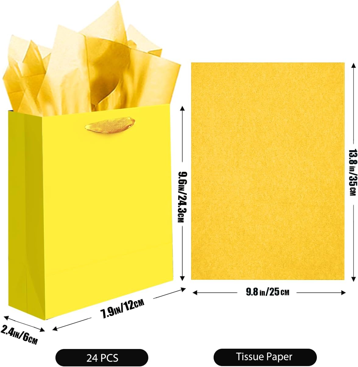 24pcs Bright Yellow Gift Bags with Tissue Paper for Wedding, Birthday, Party Supplies-7.9"x4.3"x9.6" Medium Size Cardboard Gift Bags（24pcs Bags +48pcs Tissue Paper ）