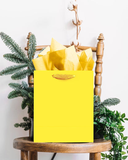 24pcs Bright Yellow Gift Bags with Tissue Paper for Wedding, Birthday, Party Supplies-7.9"x4.3"x9.6" Medium Size Cardboard Gift Bags（24pcs Bags +48pcs Tissue Paper ）