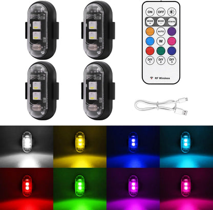 4PCS Wireless LED Strobe Lights with Remote Control, 8 Colors USB Charging Waterproof Anti-Collision Led Emergency Warning Lights for Car Motorcycle Drone Aircraft Bike