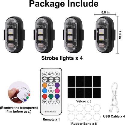 4PCS Wireless LED Strobe Lights with Remote Control, 8 Colors USB Charging Waterproof Anti-Collision Led Emergency Warning Lights for Car Motorcycle Drone Aircraft Bike