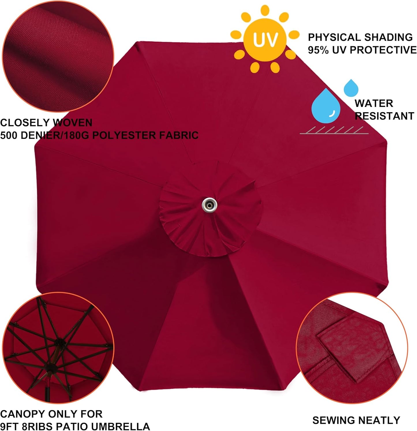 USA 9FT Patio Umbrella Replacement Covers 8 Ribs Market Umbrella Canopy Cover (CANOPY ONLY) (Burgundy)