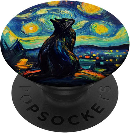Whimsical Black Cat Under Starry Night for Cat Lover PopSockets Adhesive PopGrip