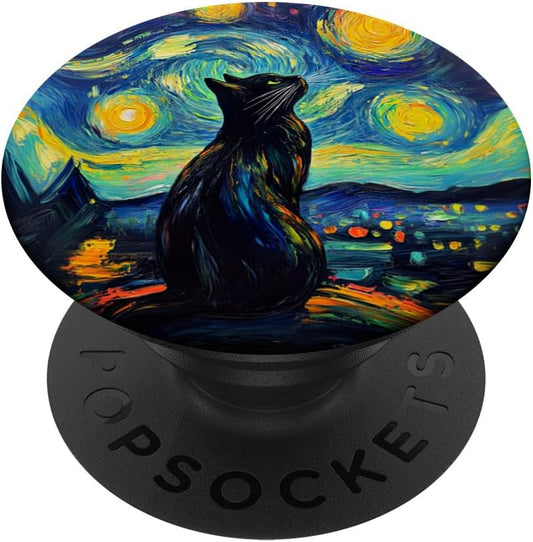 Whimsical Black Cat Under Starry Night for Cat Lover PopSockets Adhesive PopGrip