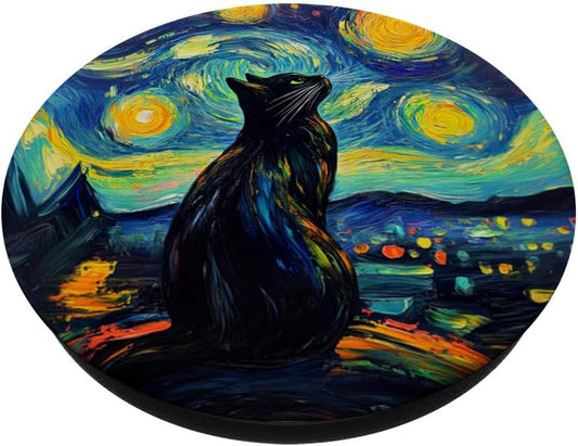 Whimsical Black Cat Under Starry Night for Cat Lover PopSockets Adhesive PopGrip