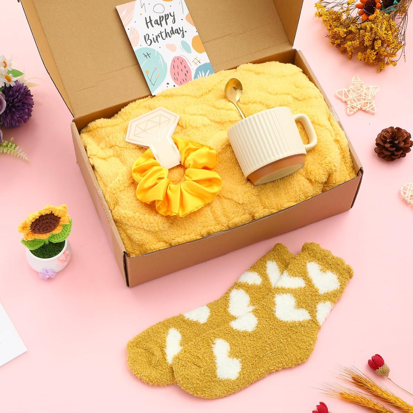 7 Pcs Graduation Gift Set for Women, Thank You Teacher Gift Set, Self Care Mother's Day Package with Blanket Socks