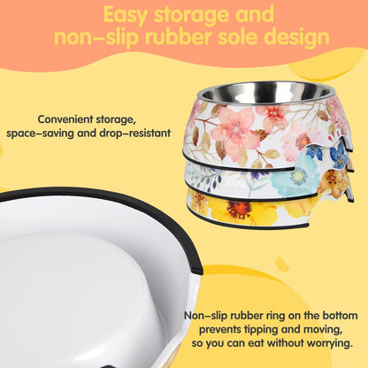 Pet Cats Dogs 2 in 1 Food Water Bowls - Non Slip Skid Proof Heavy Duty Pet Cats Dog Food Water Bowls for Feeding Drinking Small Medium Large Dogs Cats Puppies (Yellow Flower, S:7OZ)