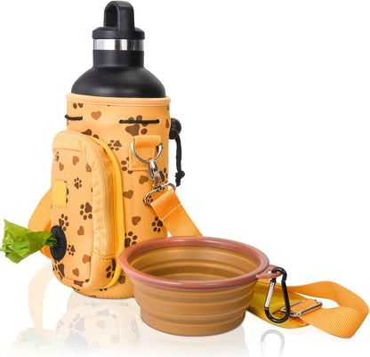 Water Bottle Carrier with Pocket for Dog Poop Waste Bags and Adjustable Padded Shoulder Strap (Large (32oz) with Bowl, Yellow, Paws & Hearts)