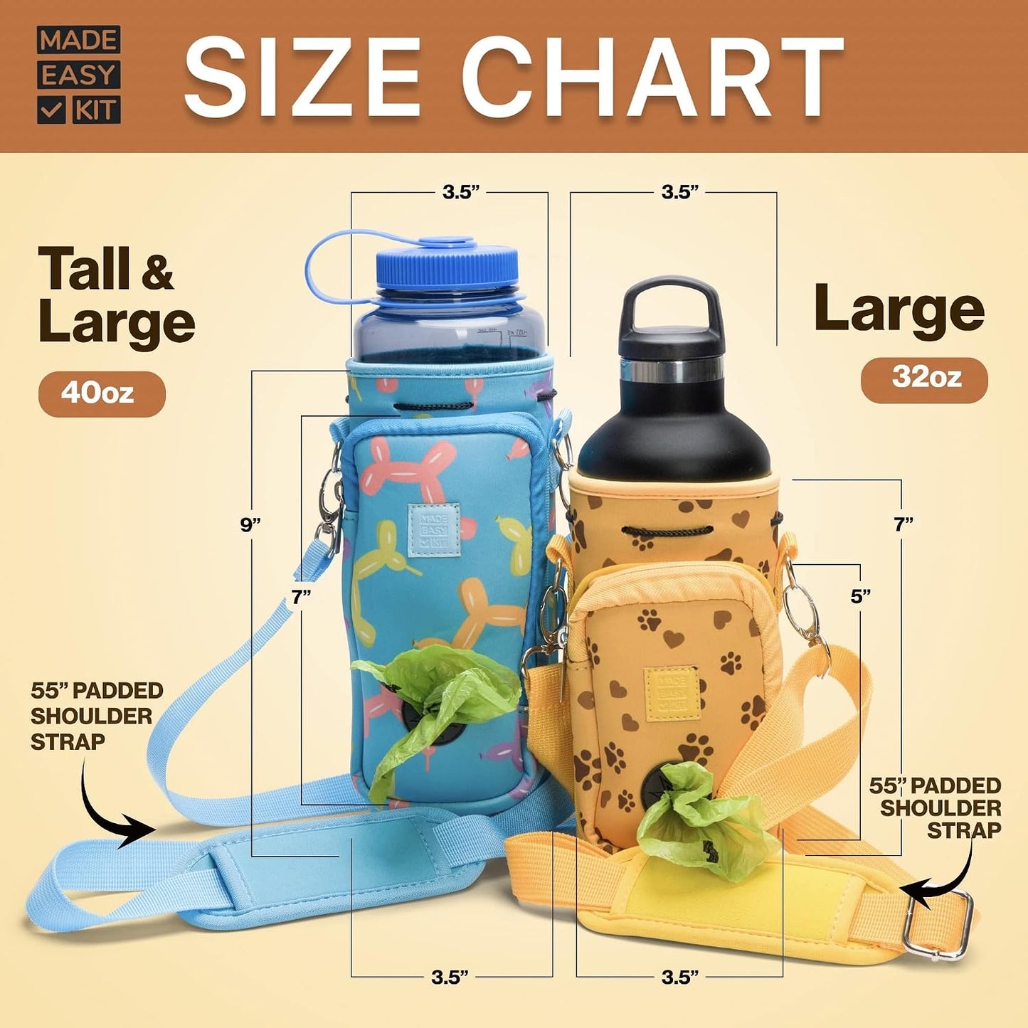 Water Bottle Carrier with Pocket for Dog Poop Waste Bags and Adjustable Padded Shoulder Strap (Large (32oz) with Bowl, Yellow, Paws & Hearts)