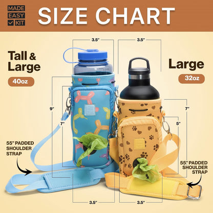 Water Bottle Carrier with Pocket for Dog Poop Waste Bags and Adjustable Padded Shoulder Strap (Large (32oz) with Bowl, Yellow, Paws & Hearts)