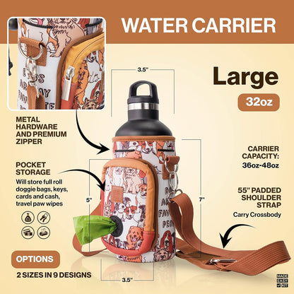 Water Bottle Carrier with Pocket for Dog Poop Waste Bags and Adjustable Padded Shoulder Strap (Large (32oz) with Bowl, Yellow, Paws & Hearts)